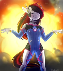 Size: 1500x1700 | Tagged: safe, artist:silbersternenlicht, oc, oc only, species:anthro, anthro oc, clothing, costume, crossover, d.va, explosion, eyes closed, female, overwatch, smiling, solo