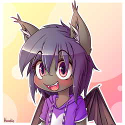 Size: 650x650 | Tagged: safe, artist:hoodie, oc, oc only, oc:night skies, species:bat pony, species:pony, bust, clothing, fangs, female, heart, hoodie, mare, portrait, semi-anthro, solo, wings