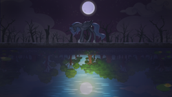 Size: 1920x1080 | Tagged: safe, artist:eqamrd, character:princess luna, species:alicorn, species:pony, g4, bad end, dark, eyes closed, female, mare, moon, night, reflection, scenery, solo, stars, tree, water