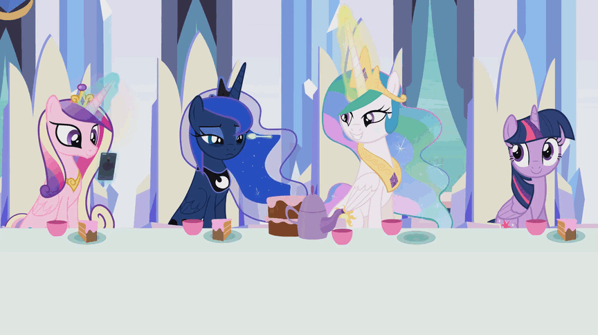 Size: 864x484 | Tagged: safe, artist:forgalorga, character:princess cadance, character:princess celestia, character:princess luna, character:twilight sparkle, character:twilight sparkle (alicorn), species:alicorn, species:pony, alicorn tetrarchy, animated, cake, cakelestia, cellphone, chair, cup, dinner table, female, food, gif, kettle, mare, phone, plate, poking, slice of cake, smartphone, something about the princesses, spoon, table, tea, teacup, teapot, tired, trollestia, youtube link