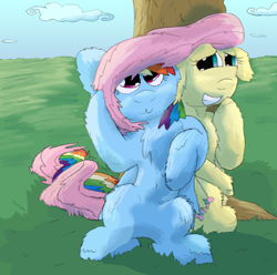 Size: 4176x4136 | Tagged: safe, artist:firefanatic, character:fluttershy, character:rainbow dash, :3, absurd resolution, chest fluff, cute, duo, fluffy, intertwined tails, sitting, under the tree, unshorn fetlocks