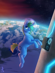 Size: 900x1200 | Tagged: safe, artist:silentwulv, oc, oc only, species:pony, species:unicorn, astronaut, floating, green hair, looking at you, male, planet, smiling, solo, space, spaceship, stallion
