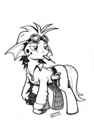 Size: 243x330 | Tagged: safe, artist:clear skies, artist:latecustomer, species:kelpie, babscon, black and white, goggles, grayscale, inked, mechanic, monochrome, mouth hold, roan rpg, screwdriver, simple background, solo, traditional art, white background