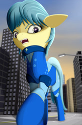 Size: 1980x3000 | Tagged: safe, artist:styroponyworks, oc, oc only, oc:ultramare, species:pony, 3d, annoyed, blender, building, city, clothing, female, giant pony, looking at you, looking down, macro, mixed media, open mouth, solo
