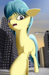 Size: 1983x3000 | Tagged: safe, artist:styroponyworks, derpibooru original, oc, oc only, oc:ultramare, species:pony, 3d, blender, city, giant pony, looking at you, macro, missing accessory, mixed media, solo, street