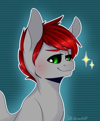 Size: 1400x1700 | Tagged: safe, artist:silbersternenlicht, oc, oc only, species:pegasus, species:pony, abstract background, black sclera, bust, portrait, smiling, solo, starry eyes, wingding eyes