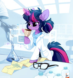 Size: 920x982 | Tagged: safe, artist:tomatocoup, character:twilight sparkle, character:twilight sparkle (scitwi), character:twilight sparkle (unicorn), species:pony, species:unicorn, my little pony:equestria girls, bandage, bipedal, bipedal leaning, caffeine, chemistry, clothing, coffee, cup, cute, drinking, ear fluff, equestria girls ponified, female, glasses, glasses off, glowing horn, lab coat, laboratory, leaning, licking, magic, mare, messy mane, molecule, ponified, ponified humanized pony, smoke, solo, telekinesis, tongue out, transformation, twiabetes, unicorn sci-twi