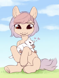 Size: 926x1231 | Tagged: safe, artist:aphphphphp, oc, oc only, species:earth pony, species:pony, cat, commission, heart, kitten, sitting, solo, underhoof, ych result