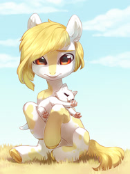 Size: 2226x2961 | Tagged: safe, artist:aphphphphp, oc, oc only, species:earth pony, species:pony, cat, commission, ear fluff, female, kitten, mare, sitting, solo, underhoof, ych result