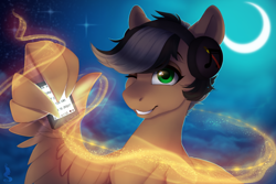 Size: 1230x824 | Tagged: safe, artist:silentwulv, oc, oc only, oc:artsong, species:pegasus, species:pony, crescent moon, female, green eyes, headphones, looking at you, mare, moon, mp3 player, music, night, one eye closed, solo, stars, tablet, wing hands, wink