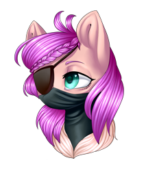 Size: 2121x2487 | Tagged: safe, artist:helemaranth, rcf community, oc, oc only, species:earth pony, species:pony, bust, commission, earth pony oc, eyepatch, face mask, female, mare, mask, ninja, simple background, solo, transparent background