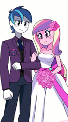 Size: 720x1280 | Tagged: safe, artist:leone di cielo, artist:riouku, edit, character:dean cadance, character:princess cadance, character:shining armor, ship:shiningcadance, my little pony:equestria girls, alumnus shining armor, bouquet, clothing, cute, cutedance, dress, female, male, marriage, no nose, shining adorable, shipping, simple background, straight, wedding, wedding dress, white background