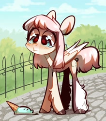 Size: 1891x2160 | Tagged: safe, artist:aphphphphp, oc, oc only, species:pegasus, species:pony, crying, dropped ice cream, female, food, ice cream, ice cream cone, mare, sad, solo, unshorn fetlocks