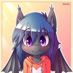Size: 650x650 | Tagged: safe, artist:hoodie, oc, oc only, oc:starfall, species:bat pony, species:pony, blushing, bust, clothing, fangs, female, heart, hoodie, mare, portrait, semi-anthro, solo