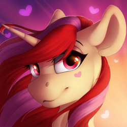 Size: 500x500 | Tagged: safe, artist:silentwulv, oc, oc only, oc:pretty shine, species:pony, species:unicorn, abstract background, bust, female, gift art, heart, looking at you, mare, smiling, solo