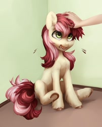 Size: 1739x2160 | Tagged: safe, artist:aphphphphp, character:roseluck, species:earth pony, species:human, species:pony, cute, female, fluffy, mare, offscreen character, petting, pony pet, rosepet, sitting, underhoof, unshorn fetlocks
