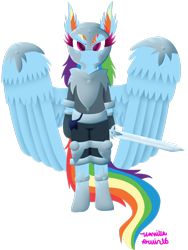 Size: 1024x1365 | Tagged: safe, artist:vanillaswirl6, character:rainbow dash, species:pegasus, species:pony, :o, armor, bipedal, boots, breastplate, clothing, colored eyelashes, colored pupils, ear fluff, fantasy class, female, helmet, hoof hold, knee pads, knight, looking at you, midieval, multicolored hair, open mouth, photoshop, semi-anthro, signature, simple background, solo, sword, transparent background, warrior, weapon, wing fluff, wing protectors