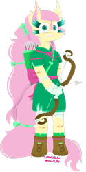 Size: 1024x2048 | Tagged: safe, artist:vanillaswirl6, character:fluttershy, species:pegasus, species:pony, archer, archery, arrow, arrows, bandage, bandaid, bipedal, boots, bow, bow (weapon), bow and arrow, clothing, colored eyelashes, colored pupils, dress, female, long hair, looking at you, medieval, nervous, open mouth, photoshop, quiver, ribbon, semi-anthro, sharp teeth, shoe laces, signature, simple background, solo, teeth, transparent background, weapon, worried
