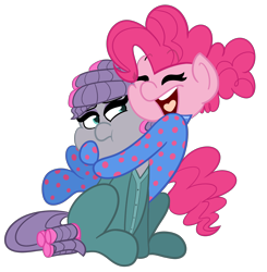 Size: 3000x3062 | Tagged: safe, artist:befishproductions, character:maud pie, character:pinkie pie, species:pony, episode:rock solid friendship, g4, my little pony: friendship is magic, clothing, footed sleeper, hair curlers, happy, hug, pajamas, simple background, transparent background