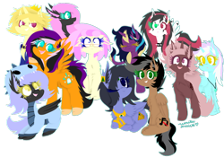 Size: 1024x716 | Tagged: safe, artist:vanillaswirl6, oc, oc only, oc:artsong, oc:cloudy night, oc:cream cloud, oc:crona, oc:eigii, oc:emala jiss, oc:midnight fairytale, oc:prince lionel, oc:sunrise, oc:vanilla swirl, oc:wind blade, species:alicorn, species:bat pony, species:classical unicorn, species:earth pony, species:pegasus, species:pony, species:unicorn, :c, :d, :o, alicorn oc, bracelet, cheek fluff, chibi, clothing, colored eyelashes, colored hooves, costume, crown, curved horn, cute, cute little fangs, ear fluff, eyes closed, fangs, female, fluffy, flying, freckles, frown, gift art, glasses, group, happy, heterochromia, jewelry, leonine tail, looking at something, looking at you, male, mare, necklace, no pupils, one eye closed, open mouth, outline, raised hoof, regalia, sharp teeth, shoulder fluff, signature, sitting, smiling, spread wings, stallion, surprised, teeth, unshorn fetlocks, wall of tags, wings, wink
