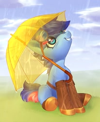 Size: 1783x2160 | Tagged: safe, artist:aphphphphp, oc, oc only, oc:ryo, species:pony, species:unicorn, boots, commission, female, goggles, grin, looking up, mare, rain, sitting, smiling, solo, umbrella, ych result