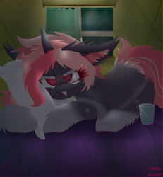 Size: 1924x2079 | Tagged: safe, artist:vanillaswirl6, oc, oc only, oc:lillith, species:pony, species:unicorn, :t, annoyed, art trade, bed, blank flank, blanket, blep, bored, colored eyelashes, colored pupils, cup, curtain, drool, dust, ear fluff, female, floppy ears, freckles, glass, glass of water, hug, lidded eyes, lying on bed, mare, multicolored hair, photoshop, pillow, prone, rain, room, scrunchy face, slit eyes, solo, squishy cheeks, tongue out, unamused, wall, water