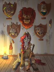 Size: 3000x4000 | Tagged: safe, artist:sourcherry, oc, oc only, unnamed oc, species:cockatrice, species:pony, species:unicorn, fallout equestria, candle, decapitated, female, floor, gun, hunter, hunting trophy, implied murder, jackalope, manticore, mare, mounted head, naked mole rat, radhog, rifle, severed head, taxidermy, trophy, wallpaper, weapon