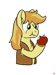 Size: 1280x1707 | Tagged: safe, artist:yakoshi, character:braeburn, species:pony, apple, braebetes, chest fluff, cute, ear fluff, eating, food, hatless, hoof hold, male, missing accessory, simple background, solo, white background