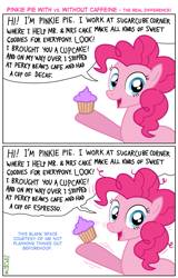Size: 673x1052 | Tagged: safe, artist:kturtle, character:pinkie pie, species:pony, caffeine, coffee, cupcake, dialogue, female, food, looking at you, open mouth, pinkie found the coffee, solo, subverted meme, trembling