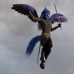 Size: 1280x1280 | Tagged: safe, artist:stellarator, character:princess luna, species:alicorn, species:anthro, species:pony, species:unguligrade anthro, 3d, blender, cycles, female, flying, hipposandals, jewelry, mare, not sfm, solo, sword, tiara, weapon, wings
