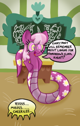 Size: 750x1170 | Tagged: safe, artist:snakeythingy, character:cheerilee, oc, oc:cora, oc:ruby, species:lamia, chalkboard, dialogue, hypnosis, kaa eyes, offscreen character, original species, school house, snake pony, solo, species swap, spiral, story included, swirly eyes
