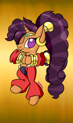 Size: 740x1240 | Tagged: safe, artist:snakeythingy, character:saffron masala, species:pony, belly dancer, bipedal, clothing, cosplay, costume, costume swap, crossover, female, genie, hair over one eye, one eye closed, shantae, shantae (character), solo, wink