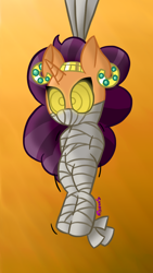Size: 660x1170 | Tagged: safe, artist:snakeythingy, character:saffron masala, species:pony, cocoon, female, hypnosis, hypnotized, mummification, solo, swirly eyes, tape, wiggle, wrapped up, wrapping
