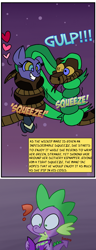 Size: 700x1815 | Tagged: safe, artist:snakeythingy, character:mane-iac, character:spike, species:dragon, aroused, blushing, choking, coils, comic, comic book, confused, crossed hooves, dialogue, heart, kaa, kaa eyes, mind control, one-sided love, peril, snake, story included, the tables have turned, unrequited