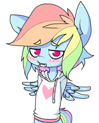 Size: 689x853 | Tagged: safe, artist:hoodie, character:rainbow dash, species:anthro, species:pegasus, species:pony, blushing, clothing, cute, dashabetes, female, hands behind back, hoodie, lace in mouth, looking at you, mare, solo