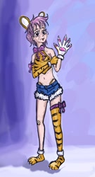 Size: 585x1080 | Tagged: safe, artist:agm, character:scootaloo, species:human, species:pegasus, species:pony, clothing, cosplay, costume, daisy dukes, humanized, older, paw gloves, paw prints, shorts