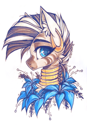 Size: 1429x2051 | Tagged: safe, artist:tenebristayga, edit, editor:dsp2003, character:zecora, species:pony, species:zebra, :<, bust, cheek fluff, chest fluff, cute, ear fluff, ear piercing, earring, featured on derpibooru, female, flower, jewelry, looking at you, mare, piercing, poison joke, portrait, retouched, simple background, solo, traditional art, white background, zecorable