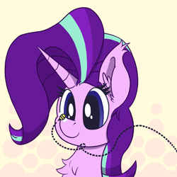 Size: 2000x2000 | Tagged: safe, artist:dragonpone, derpibooru original, character:starlight glimmer, species:pony, species:unicorn, abstract background, bumblebee, bust, chest fluff, cross-eyed, cute, ear fluff, glimmerbetes, portrait, smiling