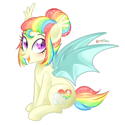 Size: 3300x3300 | Tagged: safe, artist:kaikururu, oc, oc only, oc:shimmering skies, species:bat pony, species:pony, female, mare, multicolored hair, rainbow hair, simple background, sitting, solo, transparent background