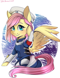 Size: 1400x1800 | Tagged: safe, artist:silbersternenlicht, character:fluttershy, species:pony, abstract background, clothing, crossover, cute, female, hat, looking at you, mare, mercy, mercyshy, overwatch, shyabetes, smiling, solo, uniform