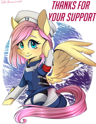 Size: 1400x1800 | Tagged: safe, artist:silbersternenlicht, character:fluttershy, species:pony, clothing, crossover, cute, female, hat, looking at you, mare, mercy, mercyshy, overwatch, shyabetes, smiling, solo, uniform