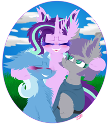 Size: 1024x1205 | Tagged: safe, artist:vanillaswirl6, character:maud pie, character:starlight glimmer, character:trixie, species:earth pony, species:pony, species:unicorn, blushing, cheek fluff, chest fluff, clothing, cloud, colored eyelashes, colored pupils, cute, diatrixes, ear fluff, eyes closed, female, floppy ears, fluffy, glimmerbetes, grass, group, group hug, happy, hug, laughing, mare, maudabetes, open mouth, photoshop, scrunchy face, sharp teeth, signature, sky, smiling, teeth, trio, vanillaswirl6 is trying to murder us, when she smiles