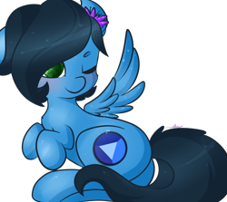 Size: 1280x1140 | Tagged: source needed, safe, artist:ashee, oc, oc only, oc:sapphire nebula, species:pegasus, species:pony, cute, flower, flower in hair, green eyes, one eye closed, simple background, solo, transparent background, wingding eyes
