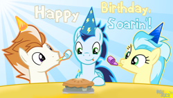 Size: 3840x2160 | Tagged: safe, artist:chainchomp2, character:fire streak, character:misty fly, character:soarin', species:pegasus, species:pony, 4k, birthday, blep, candle, clothing, female, food, gift art, happy birthday, hat, high res, male, mare, noisemaker, party hat, pie, signature, stallion, sunburst background, that pony sure does love pies, tongue out, vector, wonderbolts