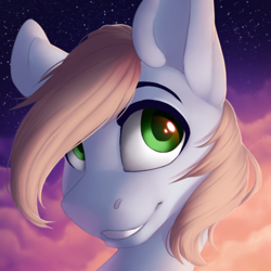 Size: 500x500 | Tagged: safe, artist:silentwulv, oc, oc only, oc:art block, species:pony, close-up, cloud, colored pupils, green eyes, male, night, smiling, solo, stallion, stars