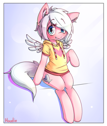 Size: 850x1000 | Tagged: safe, artist:hoodie, oc, oc only, species:pegasus, species:pony, clothing, commission, female, hoodie, mare, sitting, solo