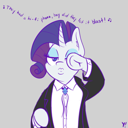 Size: 1280x1280 | Tagged: safe, artist:yakoshi, character:rarity, species:pony, bolo tie, clothing, dancing, ear fluff, female, frog (hoof), pulp fiction, simple background, solo, suit, underhoof
