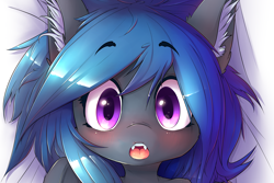 Size: 3000x2000 | Tagged: safe, artist:hoodie, oc, oc only, oc:starfall, species:bat pony, species:pony, blushing, explicit source, fangs, female, mare, open mouth, solo