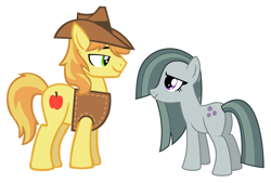 Size: 909x616 | Tagged: safe, artist:aureai, artist:sugar-loop, edit, character:braeburn, character:marble pie, species:earth pony, species:pony, ship:braeble, clothing, crack shipping, duo, female, hat, lidded eyes, looking at each other, male, mare, plot, shipping, simple background, smiling, stallion, straight, vest, white background