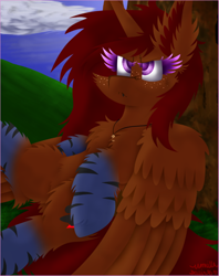 Size: 600x757 | Tagged: safe, artist:vanillaswirl6, oc, oc only, oc:amber, species:alicorn, species:pony, :<, alicorn oc, annoyed, art trade, black teeth, cheek fluff, chest fluff, cloud, colored eyelashes, colored pupils, detailed eyes, dock, ear fluff, fangs, female, fluffy, freckles, grass, jewelry, leaning, looking up, mare, markings, mouth piercing, necklace, signature, sky, solo, tree, unamused